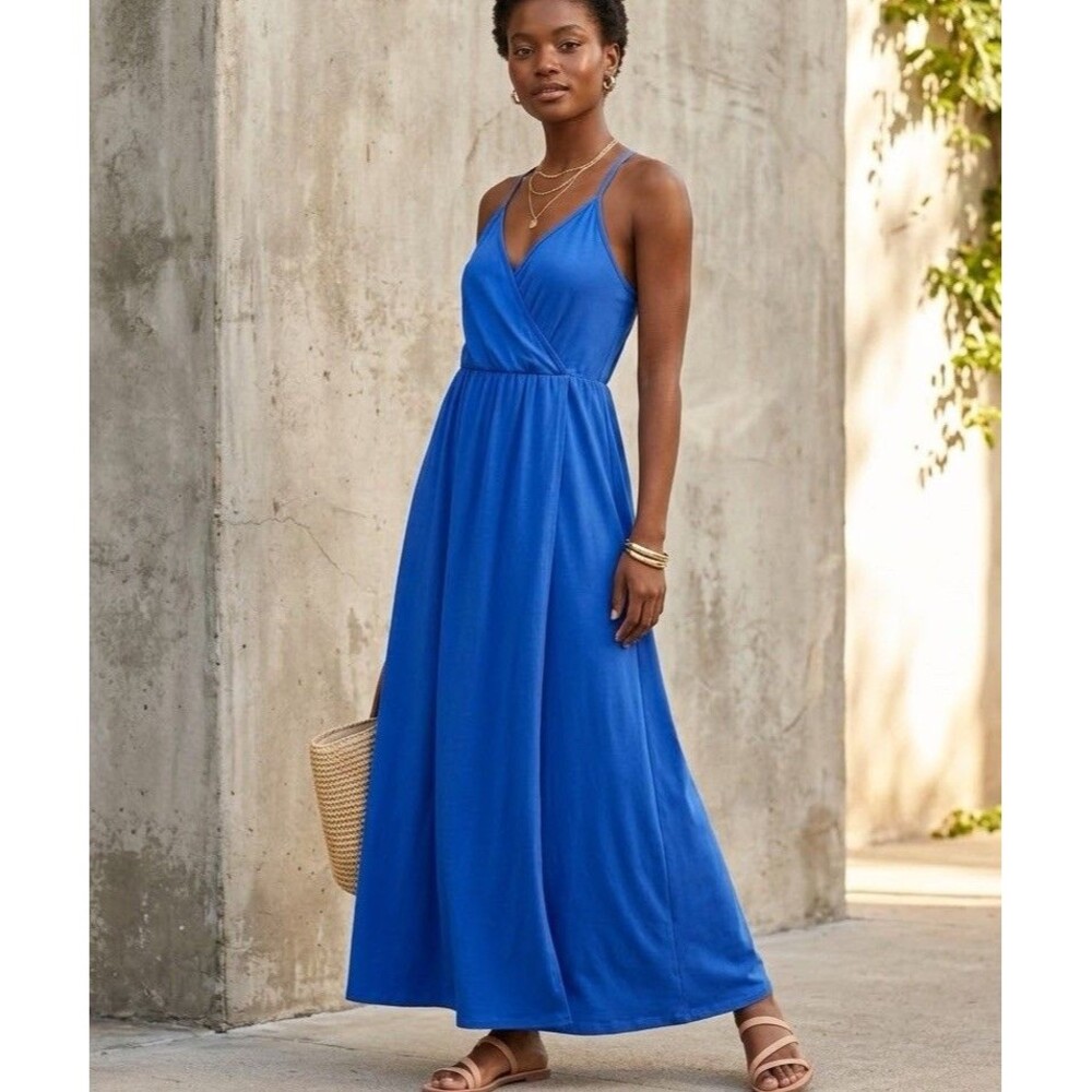 Cobalt Blue Surplice V-Neck Maxi Dress Size M Strappy Crisscross Back Knit